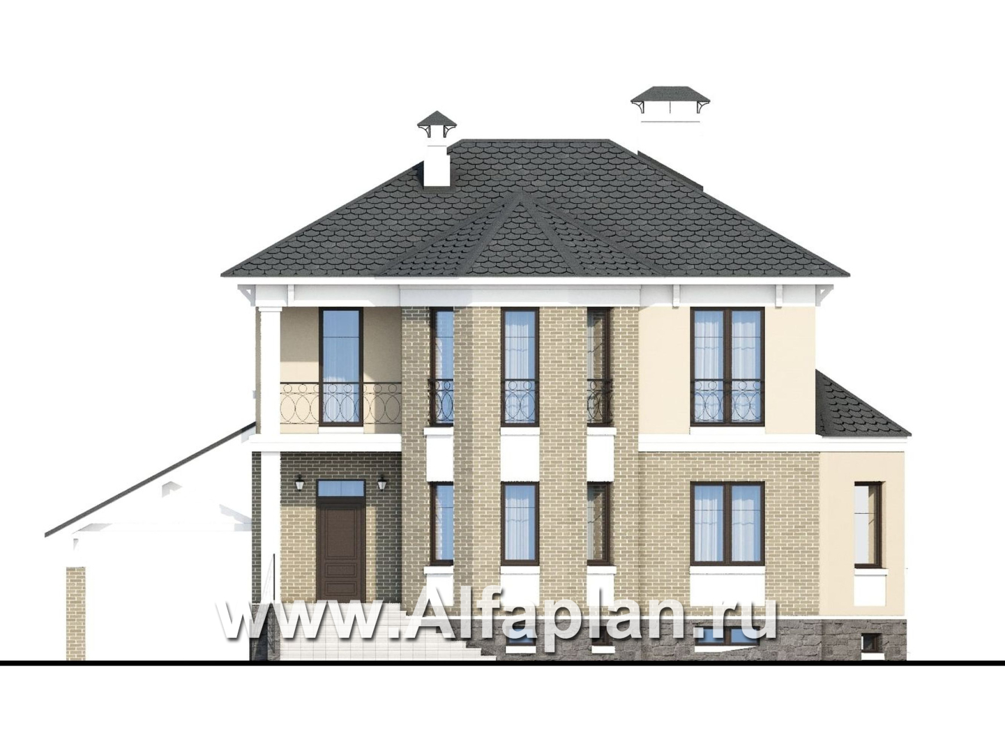 «Классика» - проект двухэтажного дома с эркером, планировка с кабинетом на 1 эт и с террасой, с цокольным этажом - фасад дома