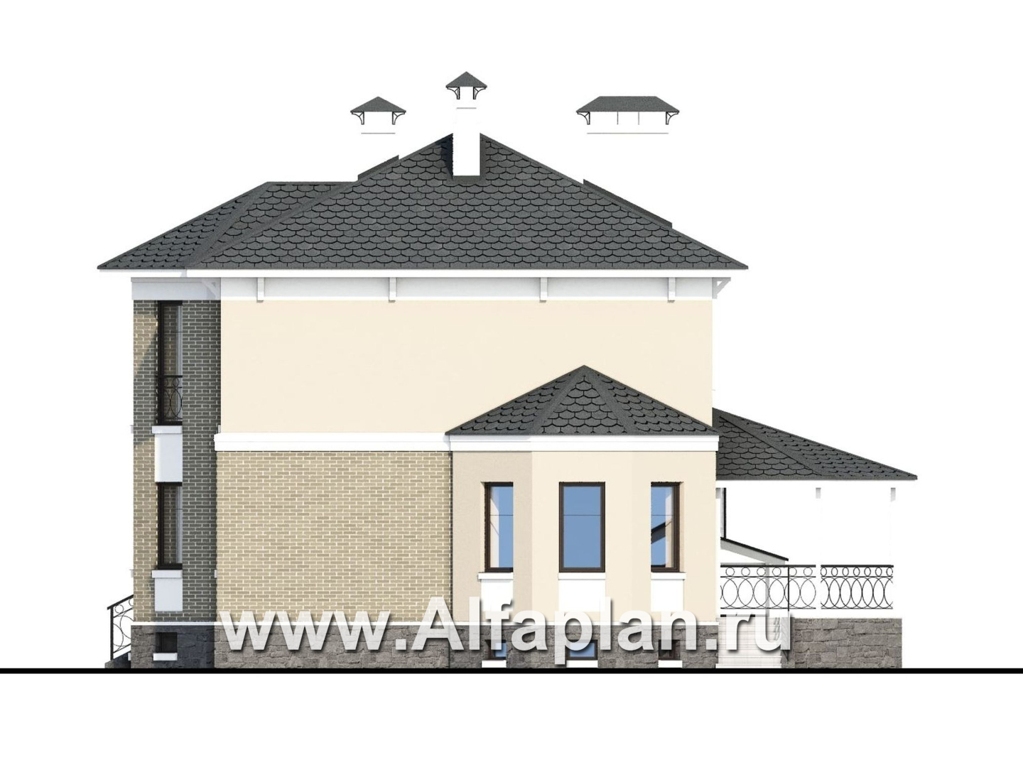 «Классика» - проект двухэтажного дома с эркером, планировка с кабинетом на 1 эт и с террасой, с цокольным этажом - фасад дома