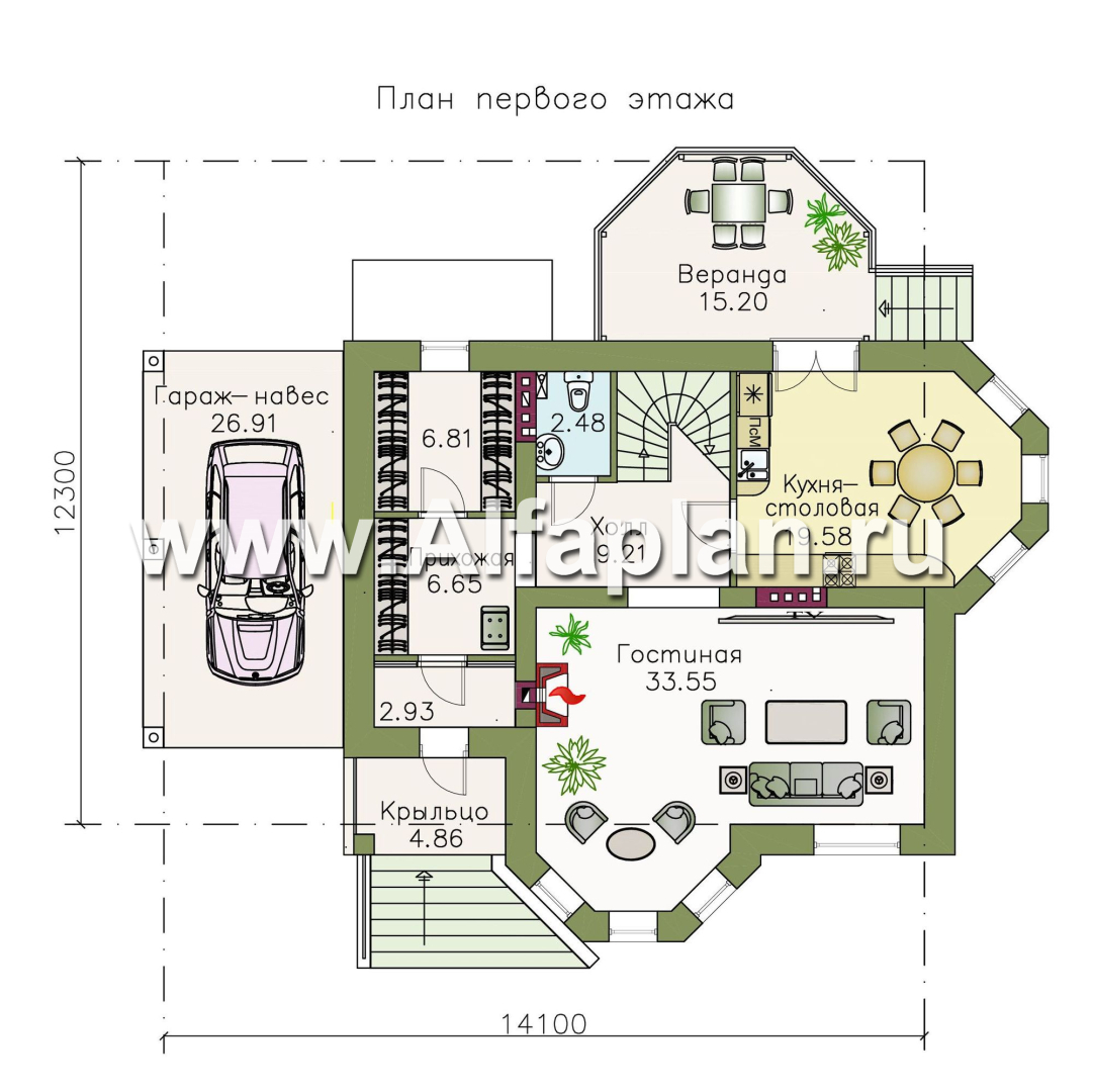 «Классика» - проект двухэтажного дома с эркером, планировка с кабинетом на 1 эт и с террасой, с цокольным этажом - план дома