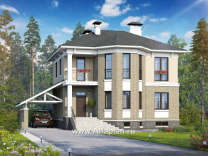 «Классика» - проект двухэтажного дома с эркером, планировка с кабинетом на 1 эт и с террасой, с цокольным этажом