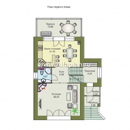 «Экспрофессо» - проект трехэтажного дома, с гаражом и сауной, цокольный этаж на уровне земли - превью план дома