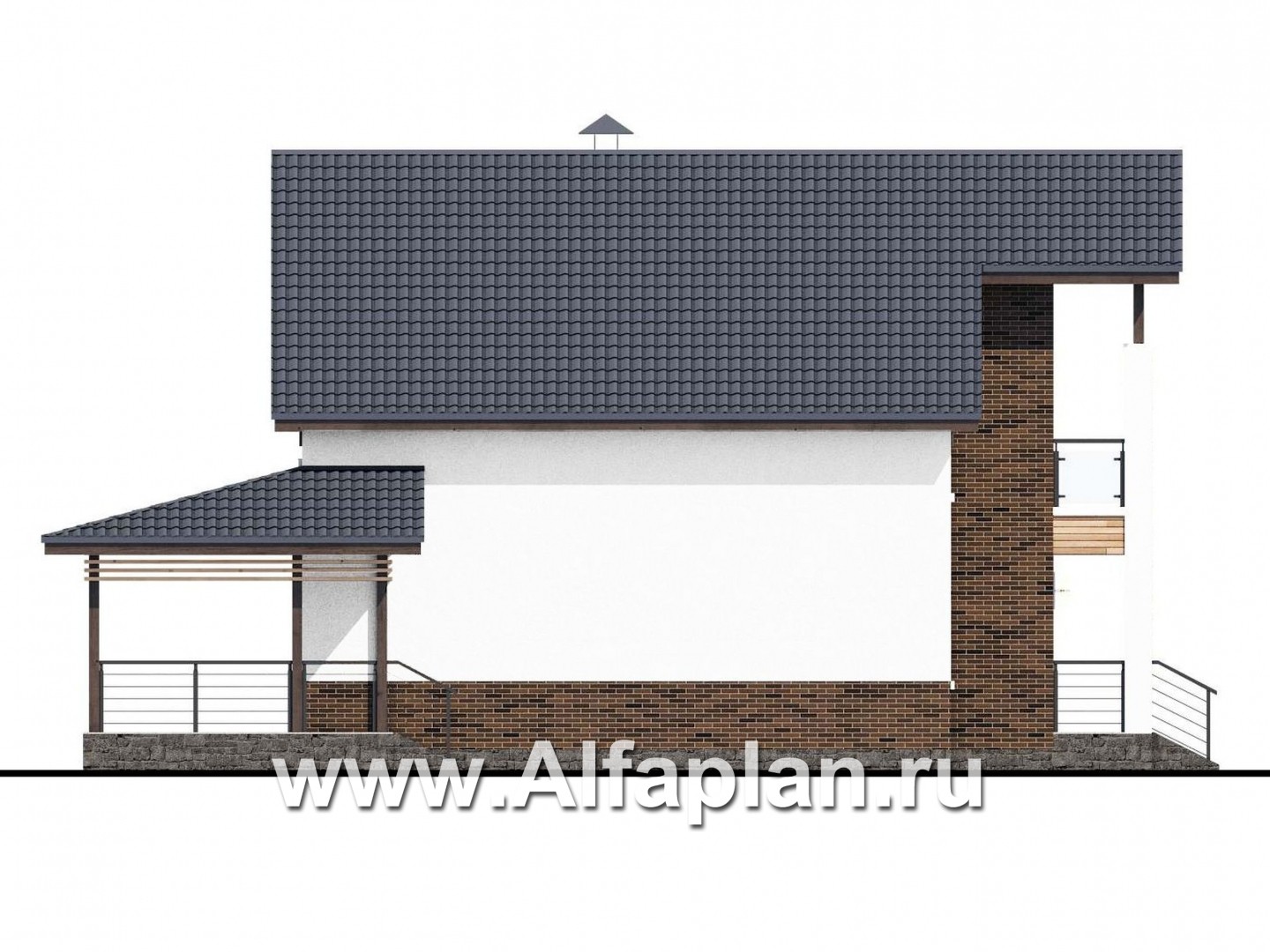 «Галс» - проект дома с мансардой, планировка с мастер спальней, со вторым светом и с террасой - фасад дома