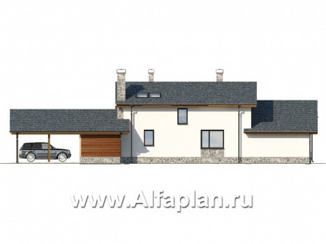 Проекты домов Альфаплан - Загородный дом с двумя спальными на 1-м этаже и навесом для двух авто - превью фасада №3