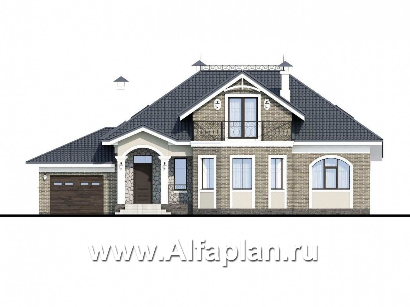 Проекты домов Альфаплан - «Валдай» - мансардный дом с гаражом и красивым эркером - изображение фасада №1