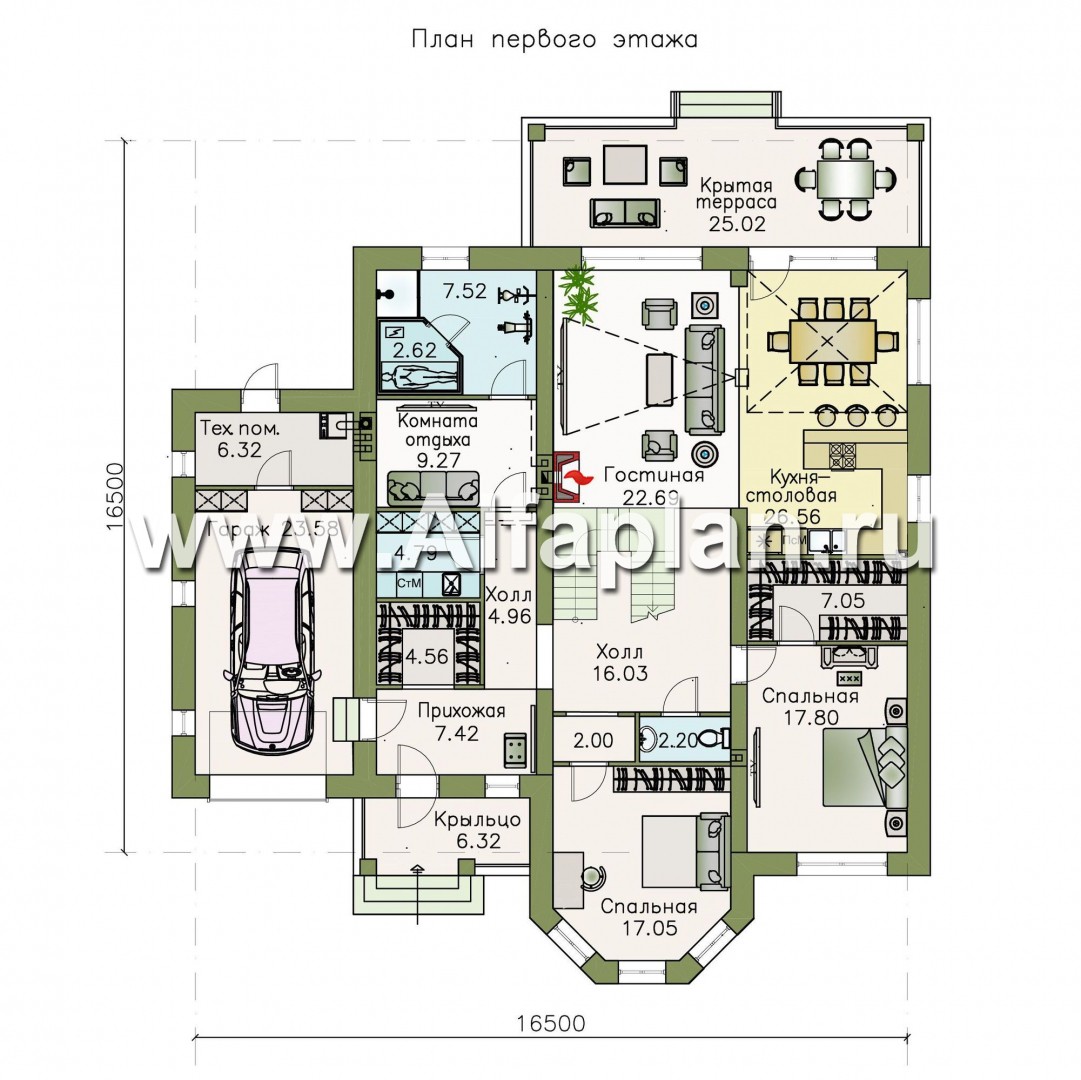 Проекты домов Альфаплан - «Валдай» - мансардный дом с гаражом и красивым эркером - изображение плана проекта №1