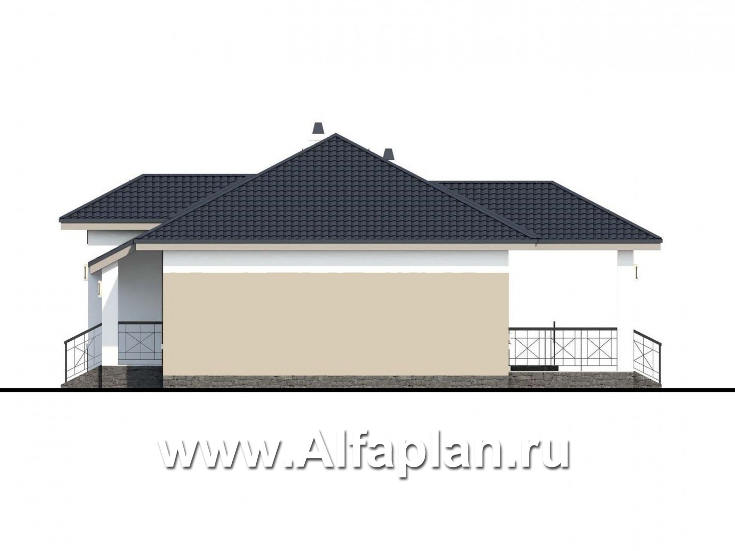 «Княженика» - проект одноэтажного дома, с террасой, планировка 2 спальни и сауна, для небольшой семьи - фасад дома