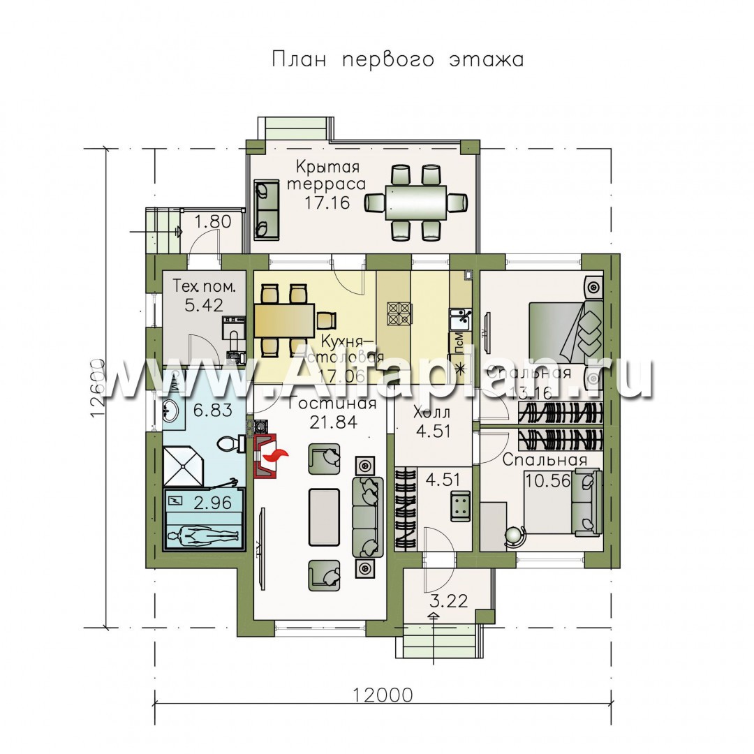 «Княженика» - проект одноэтажного дома, с террасой, планировка 2 спальни и сауна, для небольшой семьи - план дома