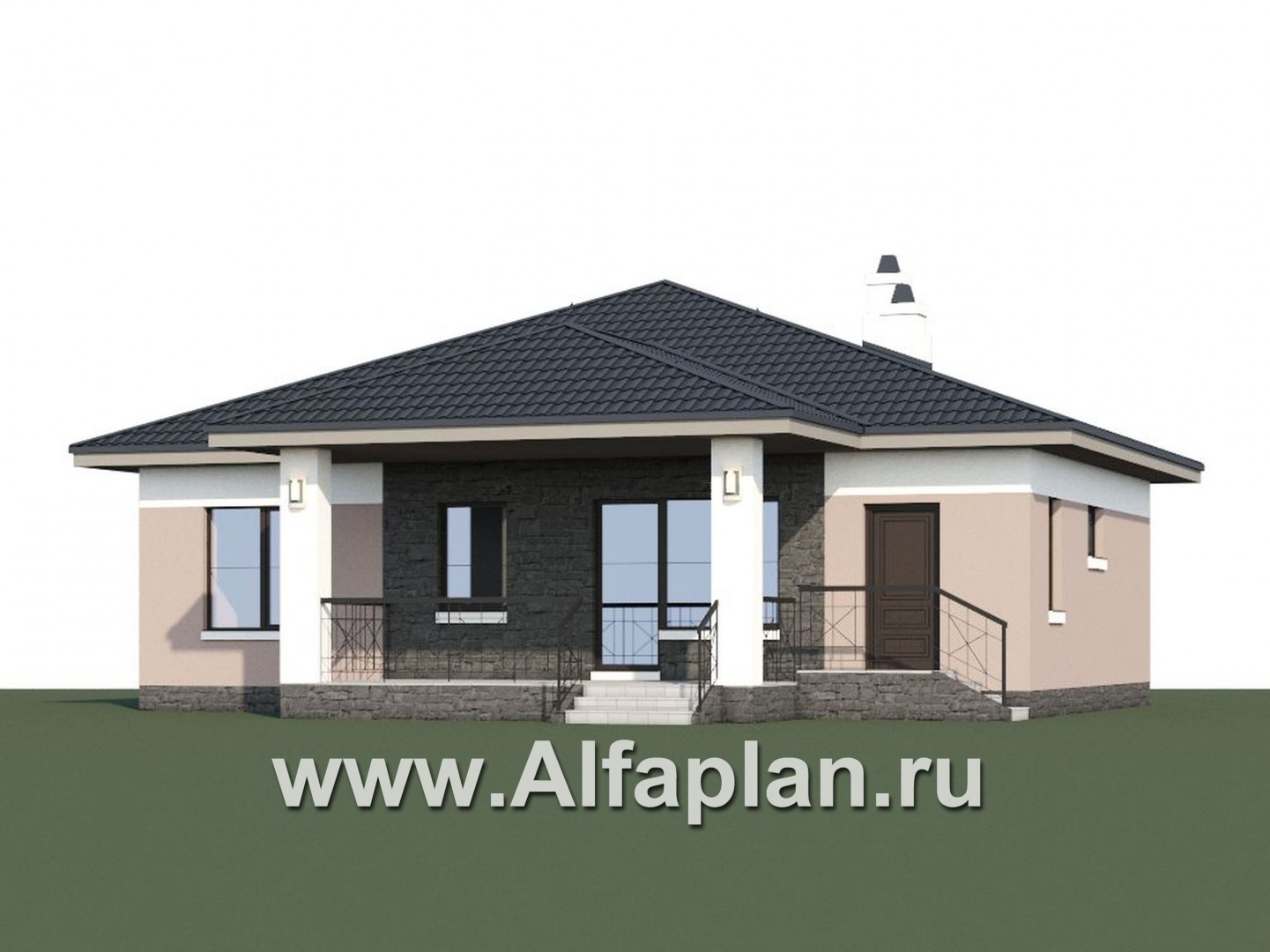 «Княженика» - проект одноэтажного дома, с террасой, планировка 2 спальни и сауна, для небольшой семьи - дизайн дома №1