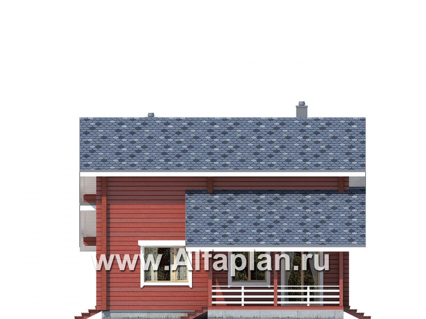 Проект двухэтажного дома из бруса, планировка с кабинетом и с двумя террасами, в современном стиле - фасад дома
