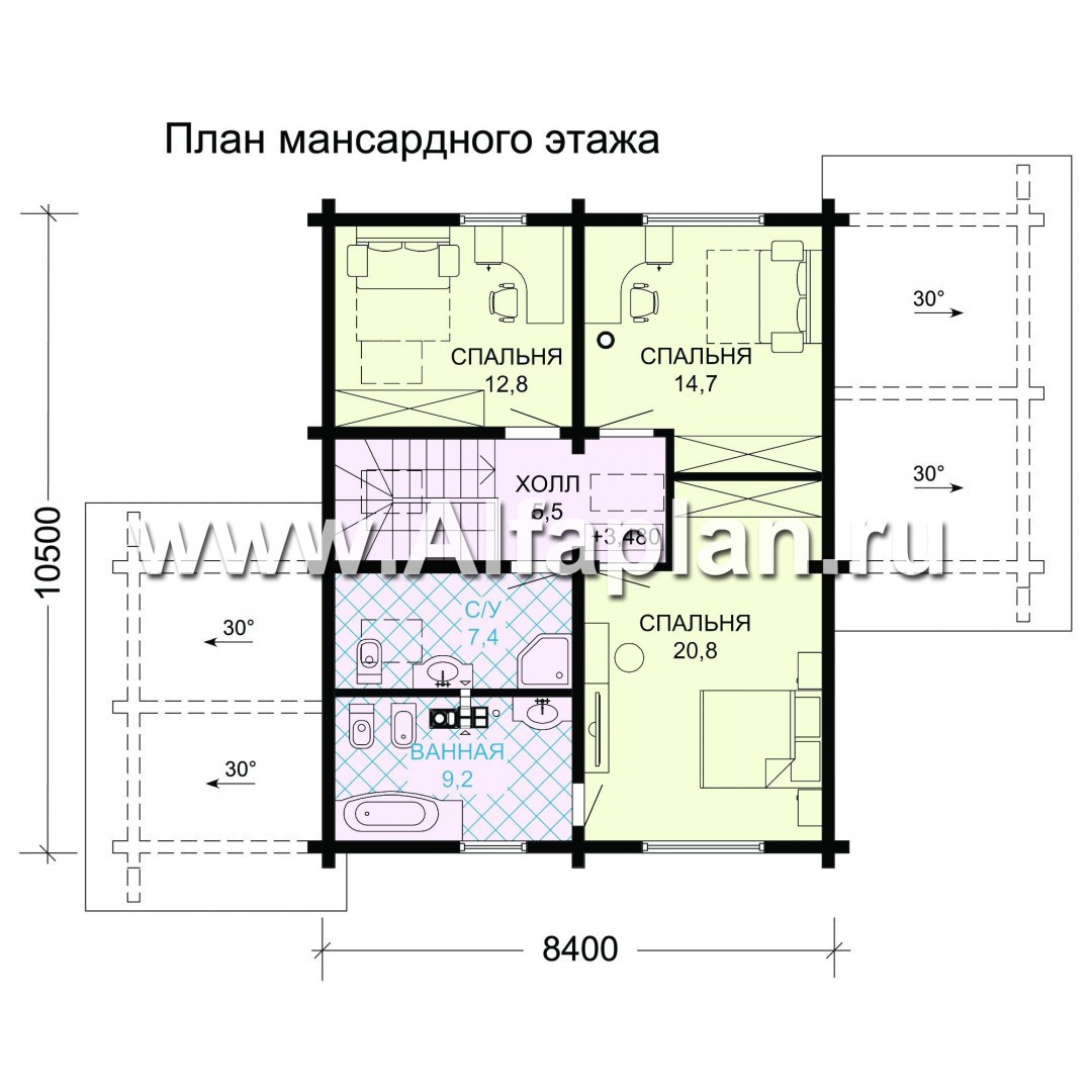 Проект двухэтажного дома из бруса, планировка с кабинетом и с двумя террасами, в современном стиле - план дома
