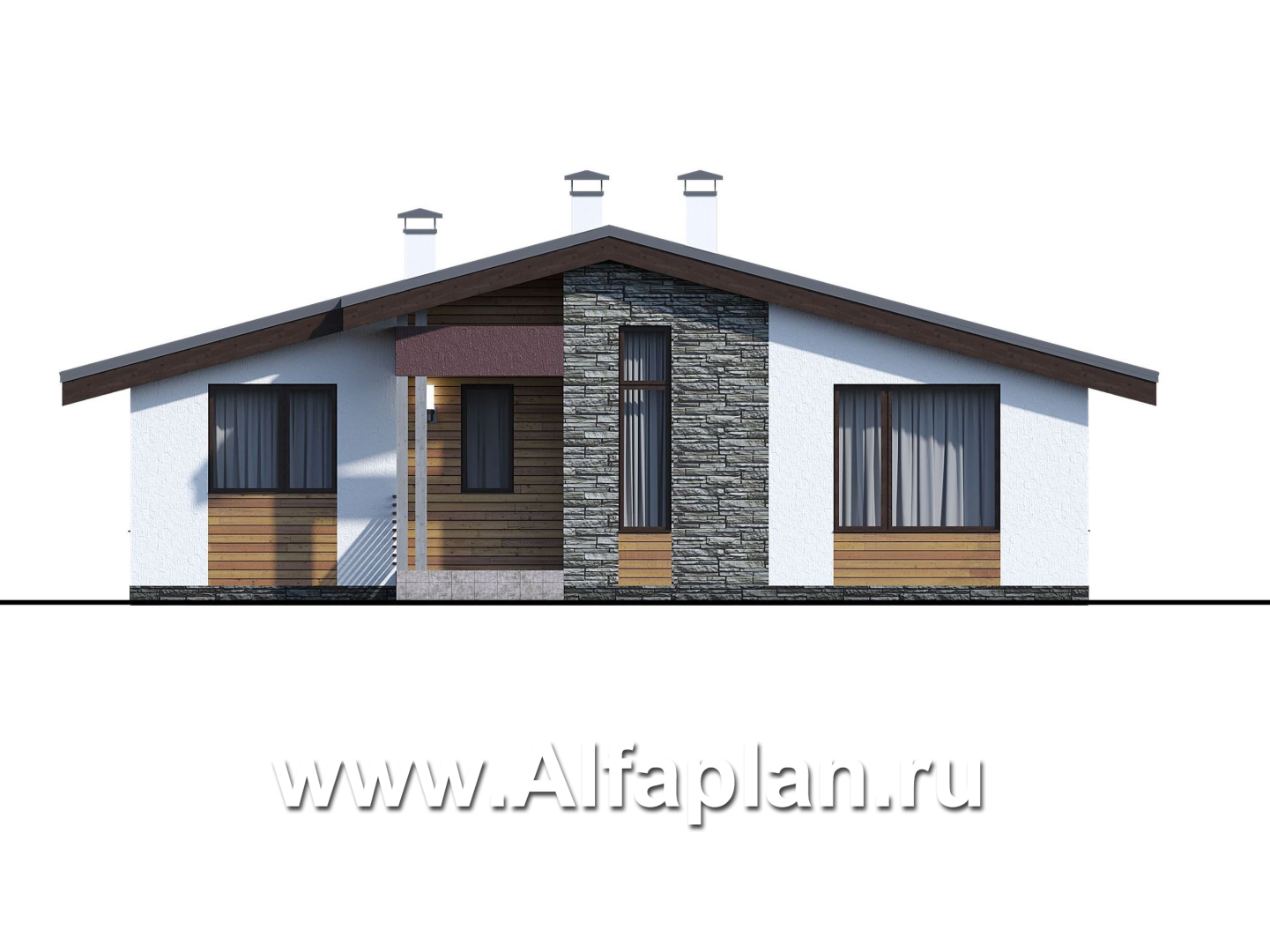 «Дзета» -проект одноэтажного  дома, с островным камином, с террасой - фасад дома