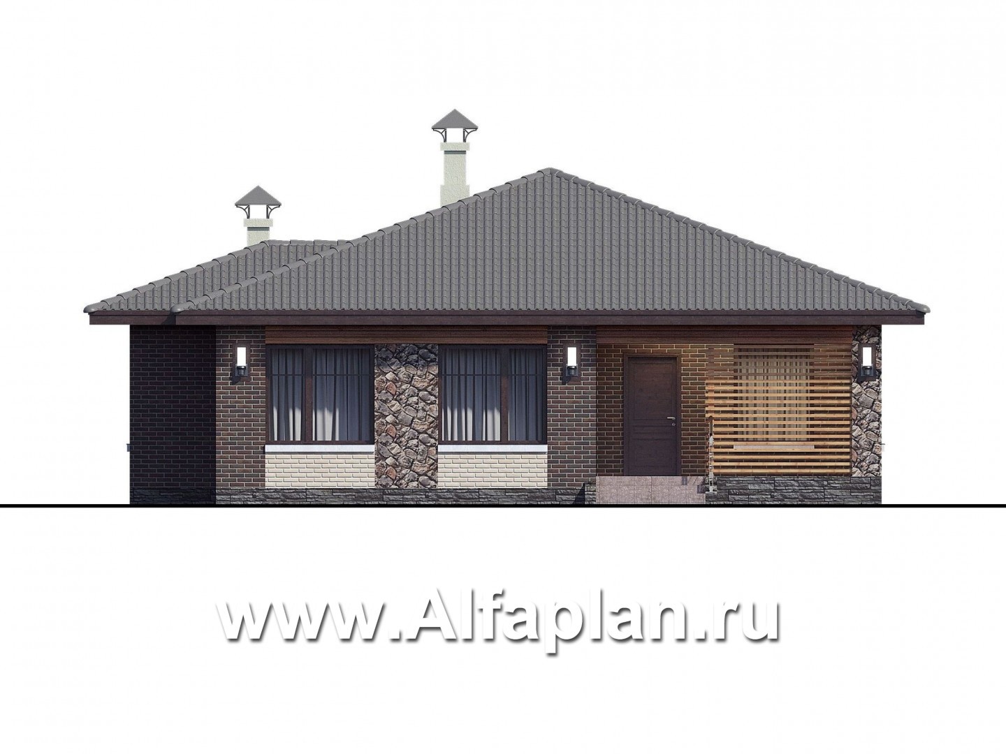 «Волхов» - проект одноэтажного дома из кирпича, 3 спальни, планировка дома с террасой - фасад дома