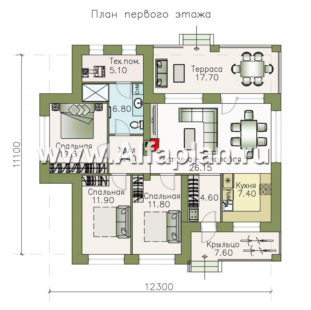 «Волхов» - проект одноэтажного дома из кирпича, 3 спальни, планировка дома с террасой - план дома