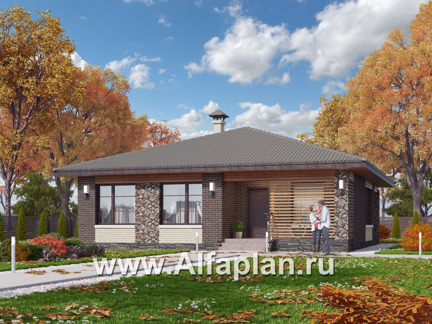 «Волхов» - проект одноэтажного дома из кирпича, 3 спальни, планировка дома с террасой - основное изображение