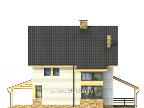Проекты домов Альфаплан - Каркасный дом с террасой и навесом для машины - превью фасада №1