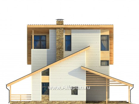 Проекты домов Альфаплан - Каркасный дом с террасой и навесом для машины - превью фасада №2