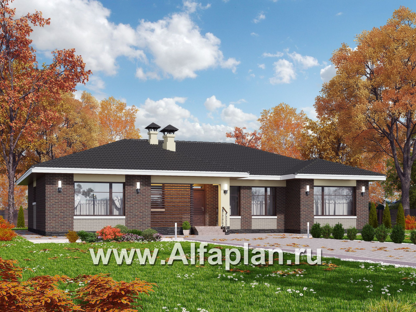 Проекты домов Альфаплан - «Ангара» - проект просторного одноэтажного дома, 5 спален - основное изображение