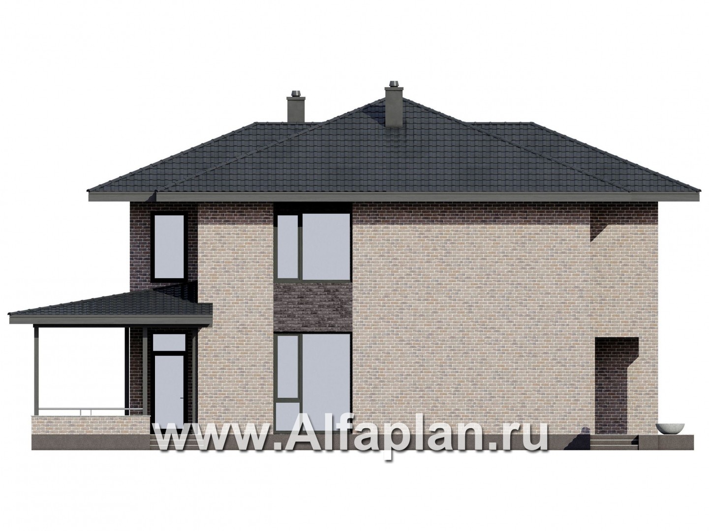 Проект двухэтажного дома, планировка с кабинетом на 1 эт и с террасой, в современном стиле - фасад дома