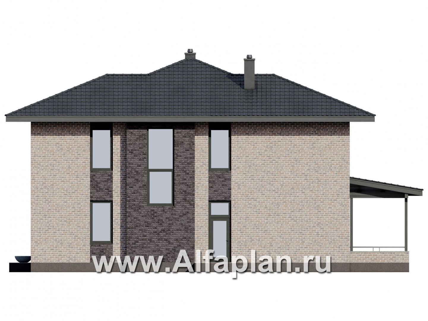 Проект двухэтажного дома, планировка с кабинетом на 1 эт и с террасой, в современном стиле - фасад дома