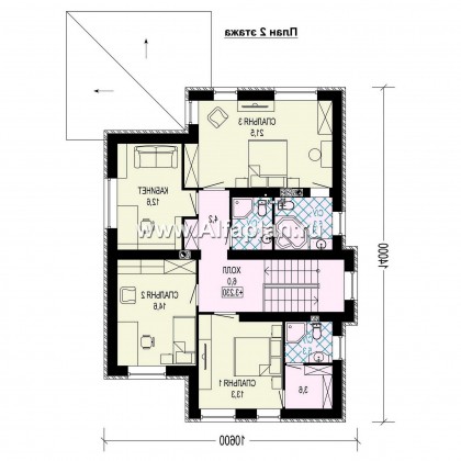 Проект двухэтажного дома, планировка с кабинетом на 1 эт и с террасой, в современном стиле - превью план дома