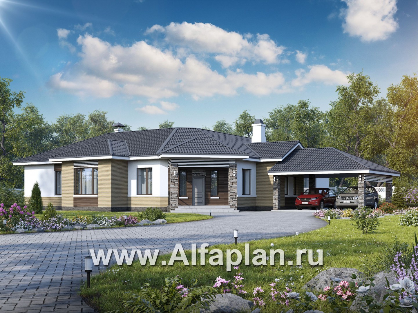Проекты домов Альфаплан - «Модуль» — проект одноэтажного дома, со спортзалом и сауной, с бассейном и гостевой квартирой - основное изображение