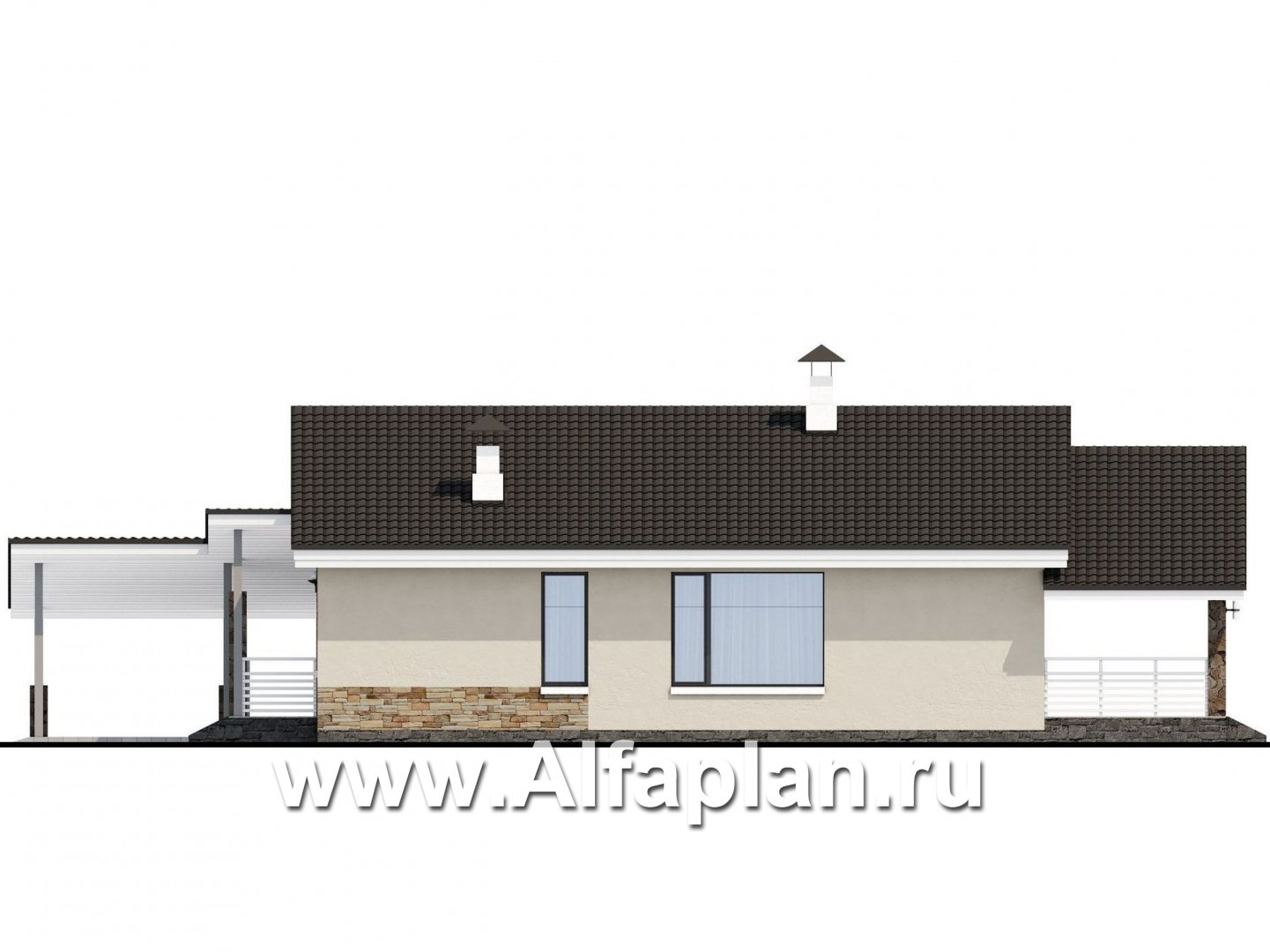 «Дриада» - проект одноэтажного дома, с террасой, с навесом на 1 авто, в современном стиле - фасад дома