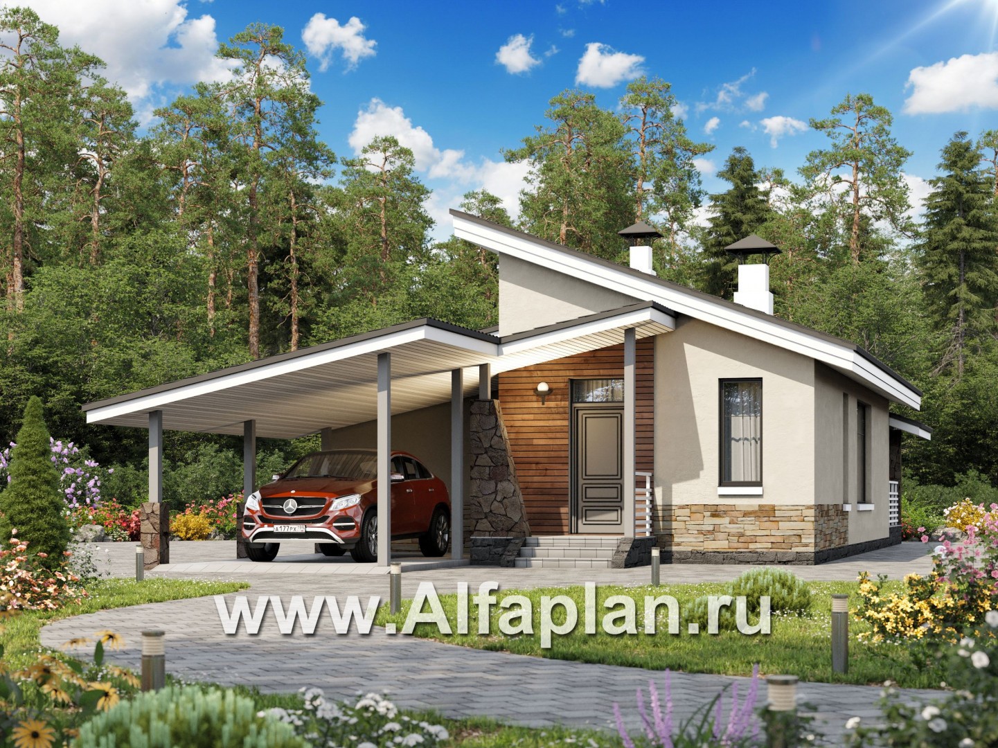 «Дриада» - проект одноэтажного дома, с террасой, с навесом на 1 авто, в современном стиле - основное изображение