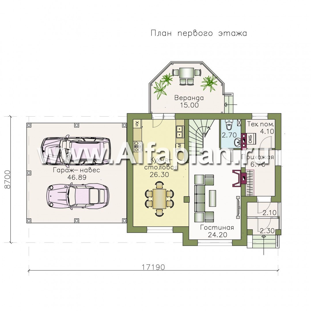 Проекты домов Альфаплан - «Летний вечер» - небольшой коттедж с нaвесом для машин - изображение плана проекта №1