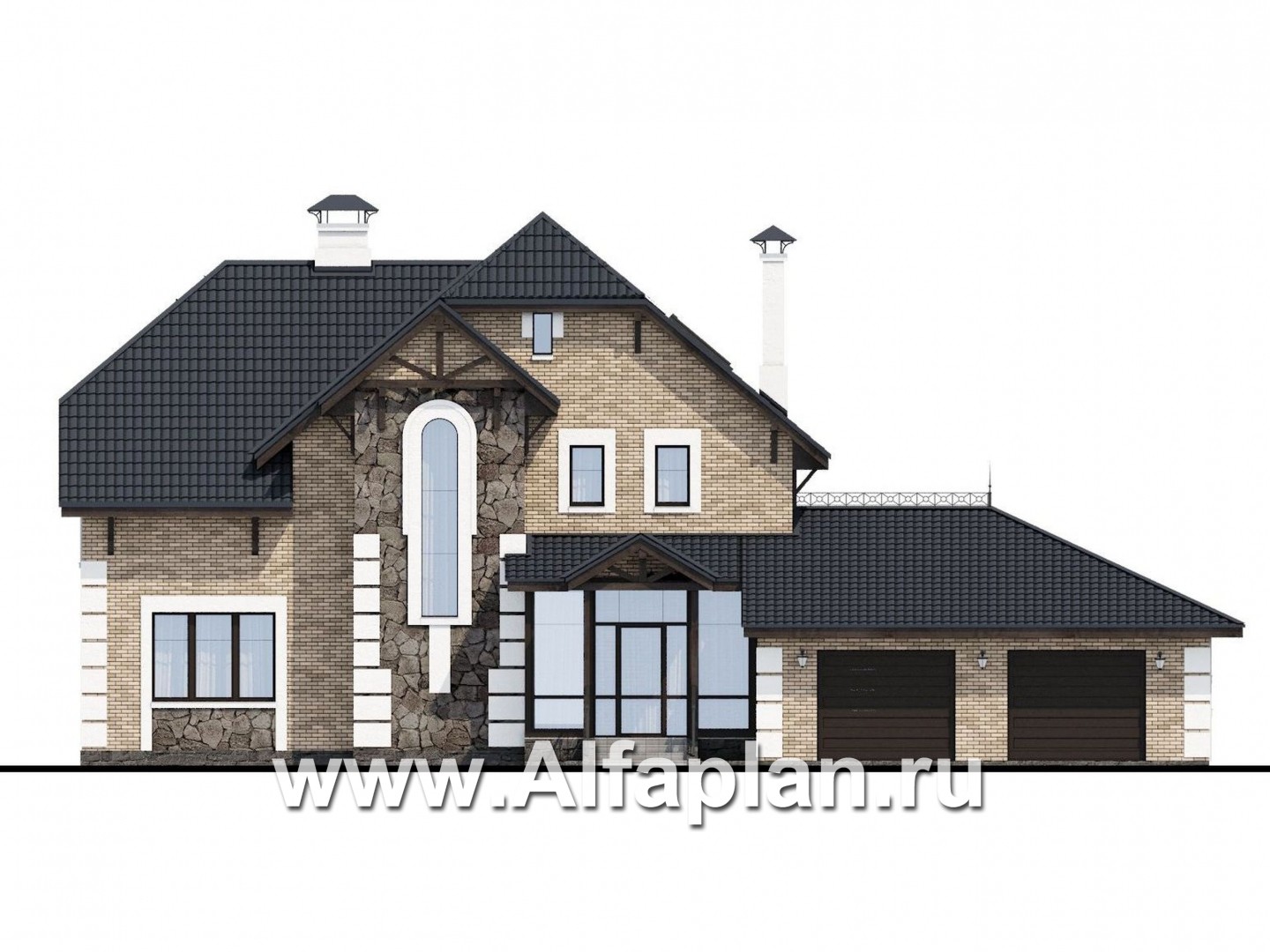 Проекты домов Альфаплан - «Ясная поляна»- коттедж для большой семьи с гаражом на два автомобиля - изображение фасада №1