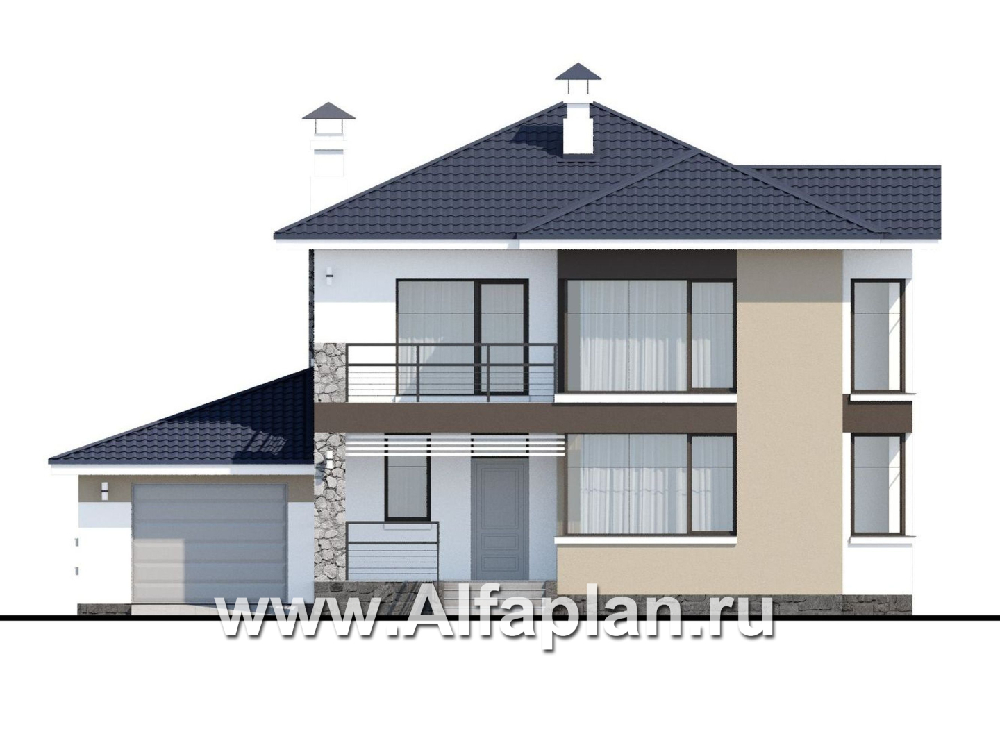 Проекты домов Альфаплан - «Лотос» - компактный современный двухэтажный дом с гаражом - изображение фасада №1