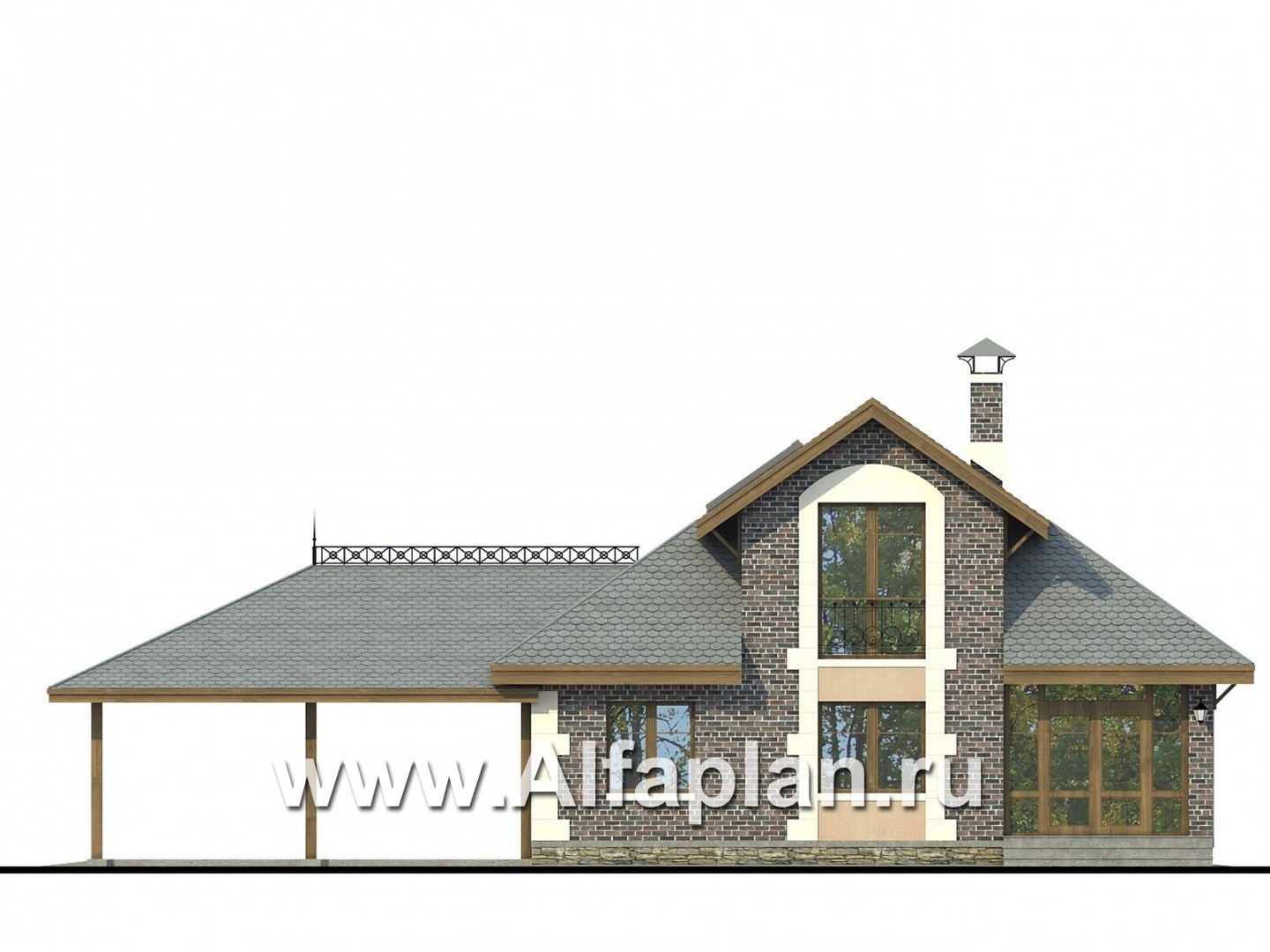 «Замечательный сосед» - проект дома с мансардой из газоблоков, с террасой, с нaвесом на 2 авто - фасад дома