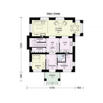 Проект двухэтажного дома из газобетона, планировка с кабинетом на 1 эй, в современном стиле - превью план дома