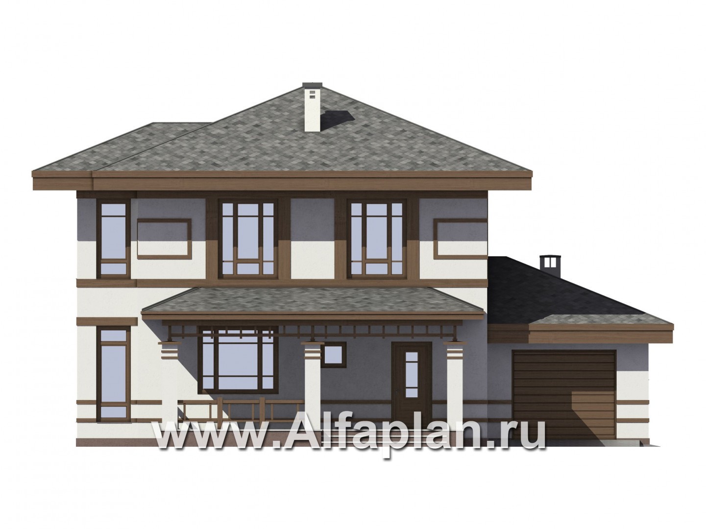 Проекты домов Альфаплан - Двухэтажный коттедж в восточном стиле с гаражом - изображение фасада №1