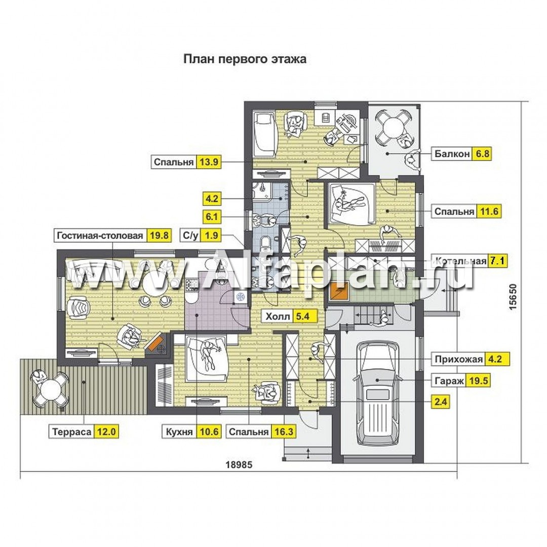 Проект одноэтажного дома, из бруса,  с террасой и с гаражом, для участка с рельефом - план дома