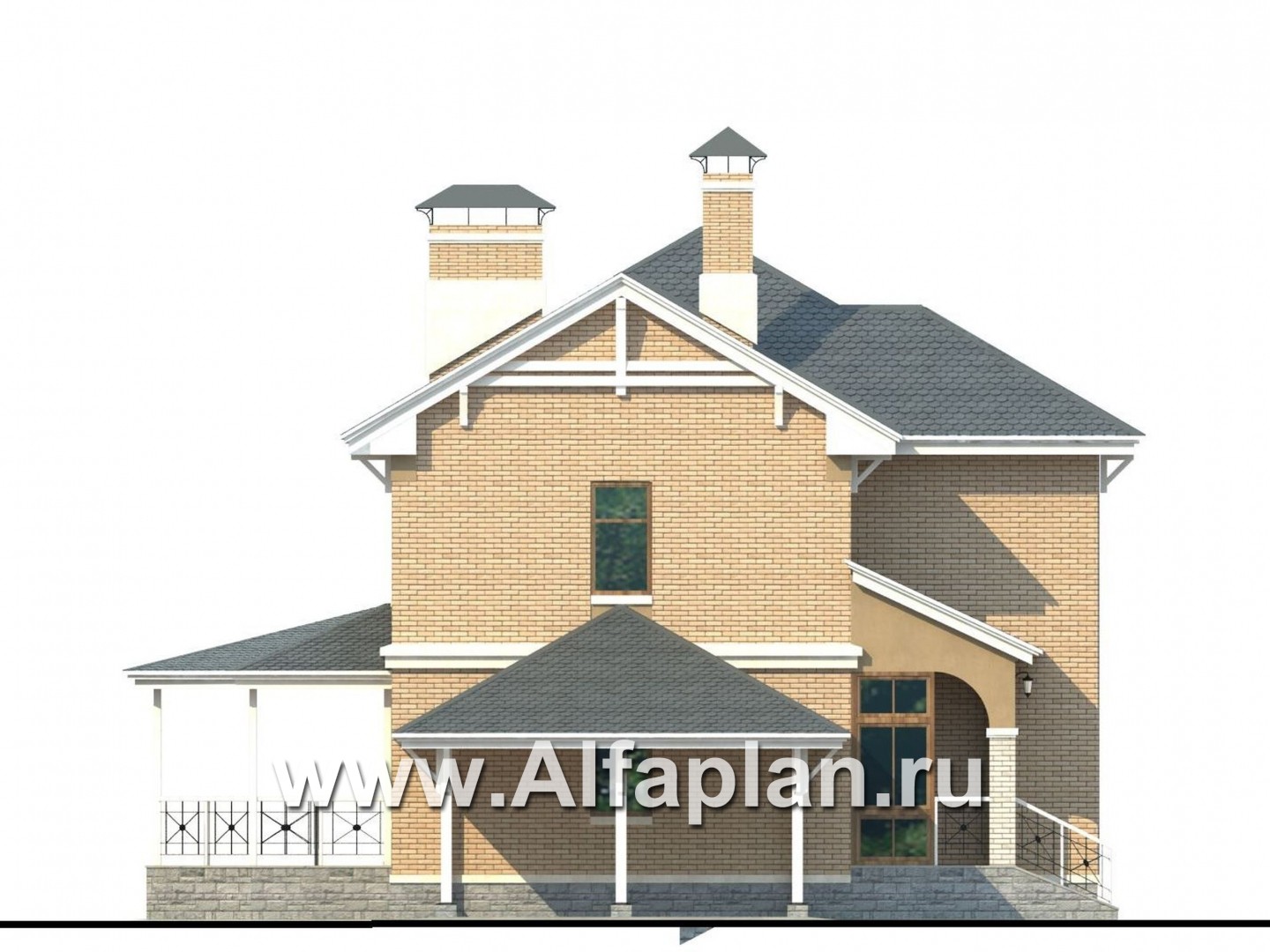 Проекты домов Альфаплан - «Гармония» - двухэтажный коттедж с навесом для машины и террасой - изображение фасада №3