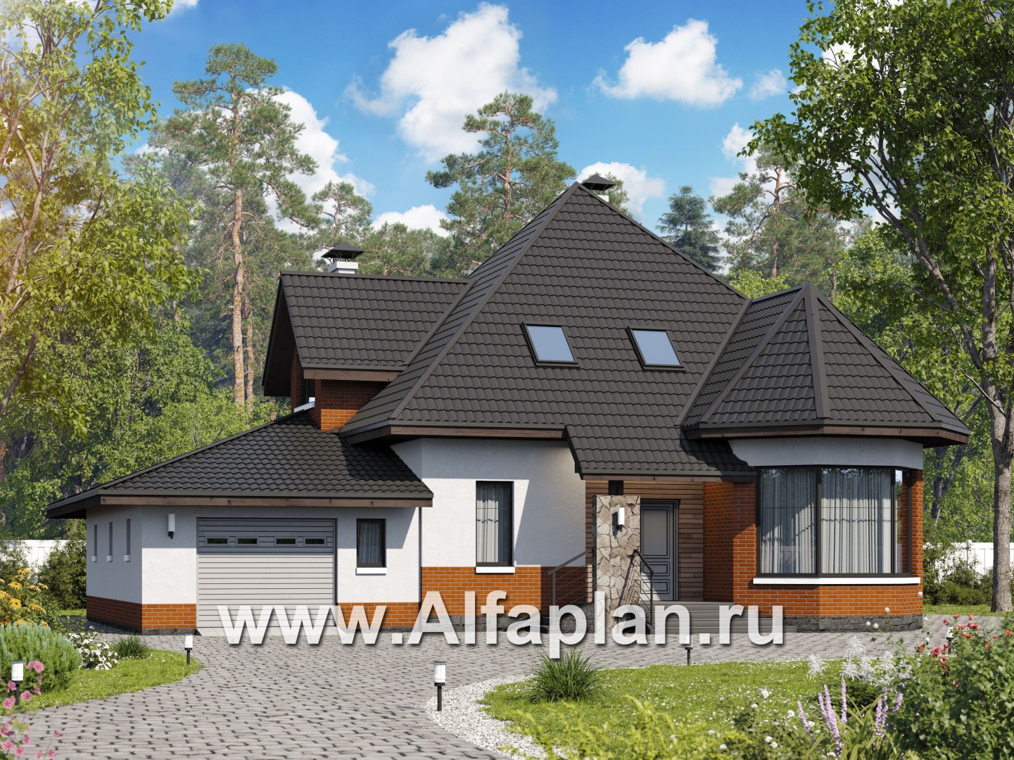 «Капелла» - проект дома с мансардой, из газобетона, с террасой и с эркером, с гаражом, современный стиль - основное изображение