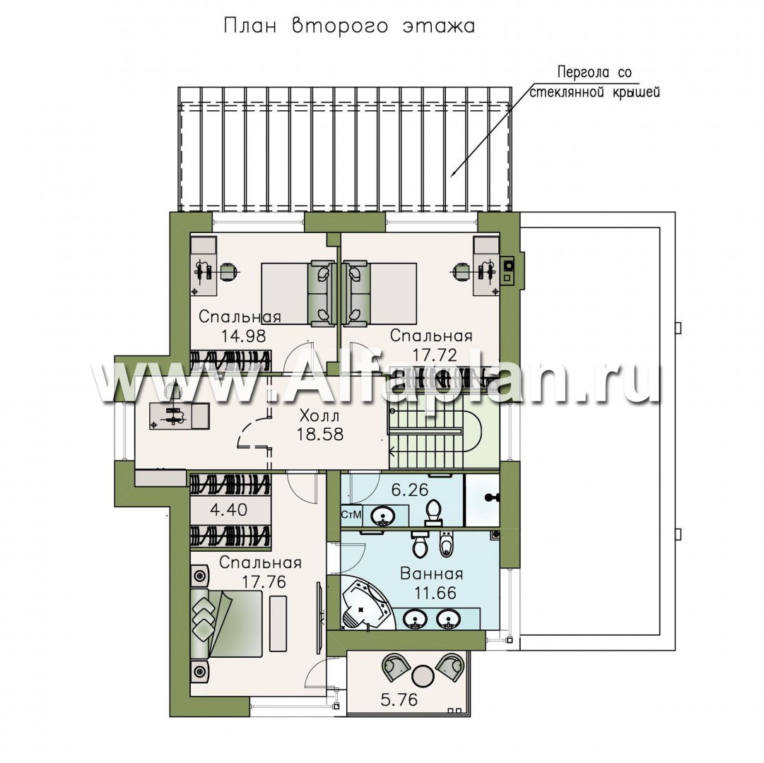 «Эвр» - проект двухэтажного дома с террасой и с гаражом на 1 авто, лестница в гостиной, с плоской кровлей, в стиле хай-тек - план дома