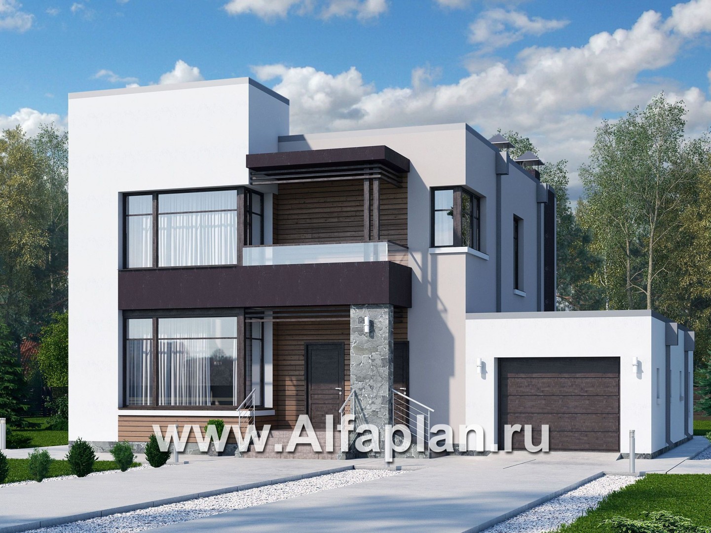 «Эвр» - проект двухэтажного дома с террасой и с гаражом на 1 авто, лестница в гостиной, с плоской кровлей, в стиле хай-тек - основное изображение