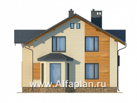 Проект дома из газобетона с мансардой, план с кабинетом на 1 эт, с камином и с эркером, в стиле шале - превью фасада дома