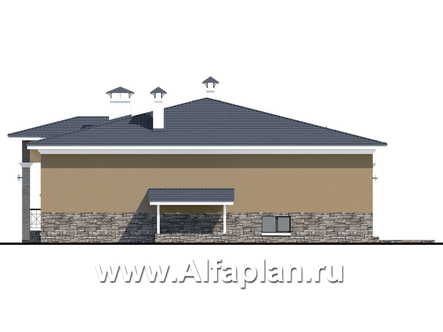 Проекты домов Альфаплан - «Суверен» - полутораэтажный коттедж с небольшим цоколем и мансардой - изображение фасада №2