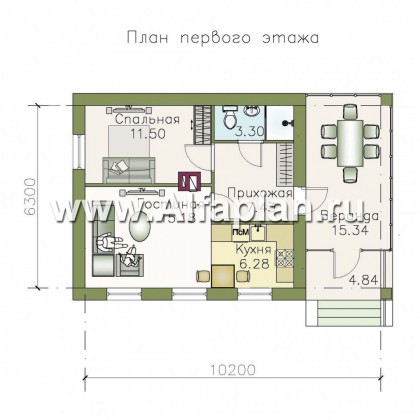 Проект гостевого дома, из кирпича, одна спальня, в русском стиле - превью план дома