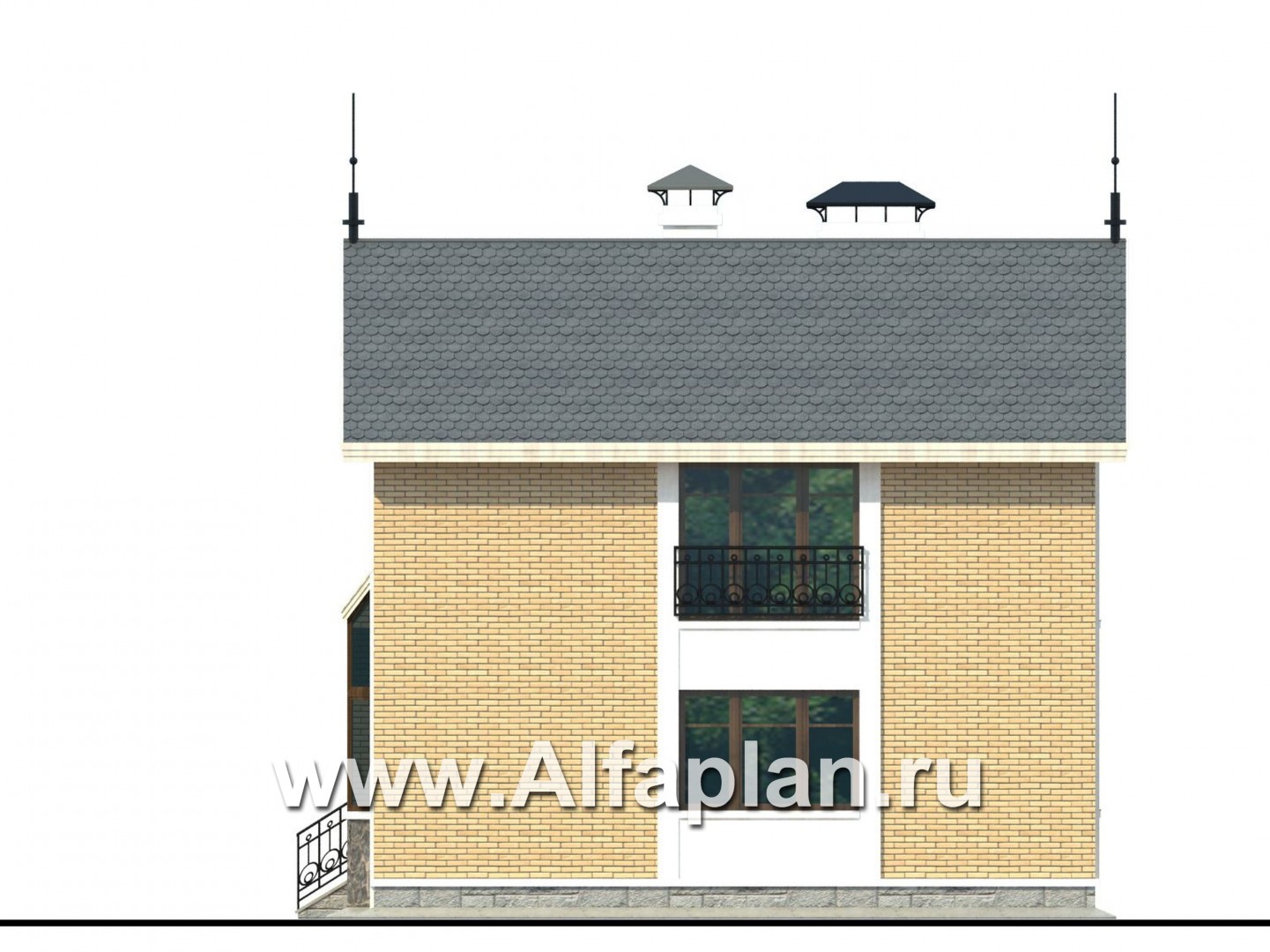 «Фантазия» - проект двухэтажного дома дома , планировка со вторым светом гостиной, с эркером и с террасой - фасад дома