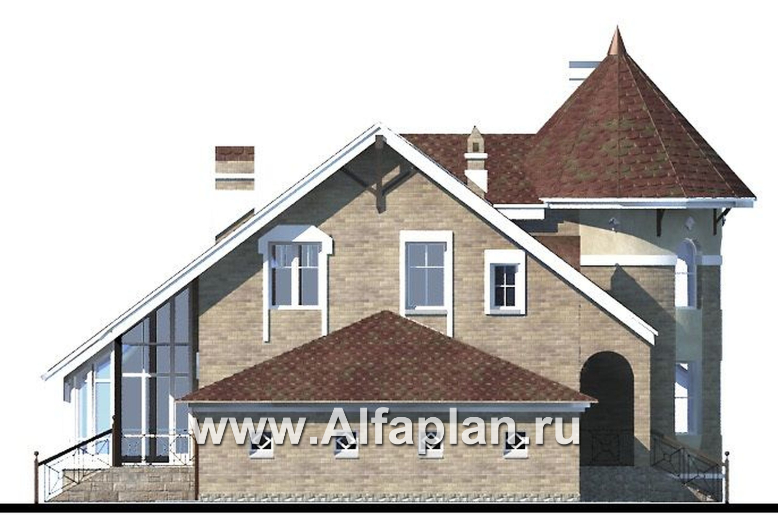 Проекты домов Альфаплан - «Камелот» -  загородный дом с угловой «башней» - изображение фасада №3