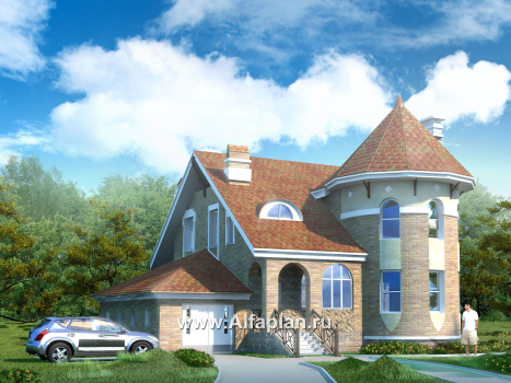 Проекты домов Альфаплан - «Камелот» -  загородный дом с угловой «башней» - превью основного изображения