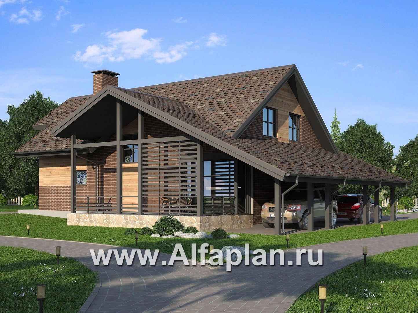 Проект современного дома с мансардой, с угловой террасой и с навесом на 2 авто - дизайн дома №1