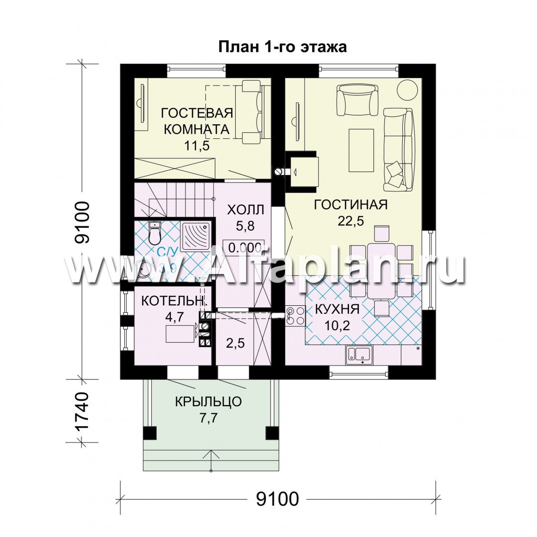 Проект дома с мансардой, 3 спальни, открытая планировка, гостевая комната на 1 эт - план дома