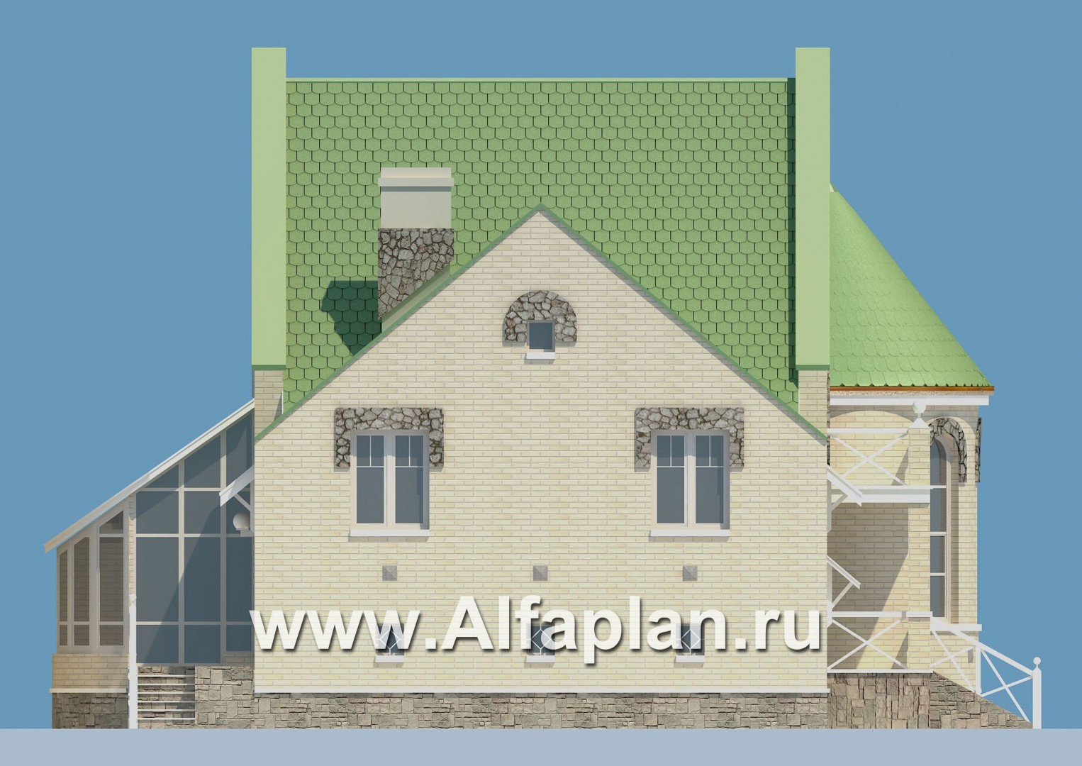 «Онегин» - проект загородного дома, со вторым светом гостиной, с мансардой, в стиле замка - фасад дома