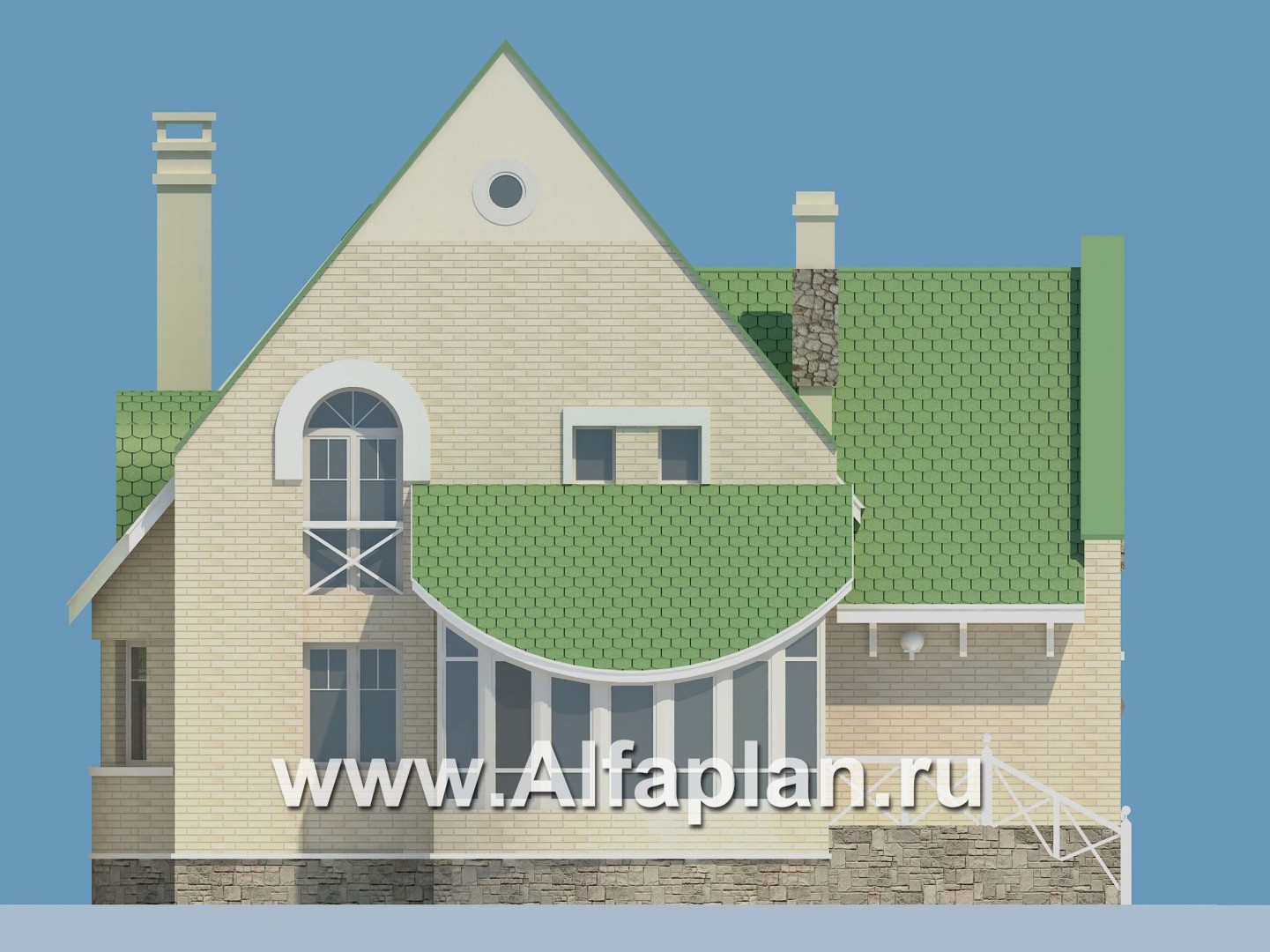 «Онегин» - проект загородного дома, со вторым светом гостиной, с мансардой, в стиле замка - фасад дома