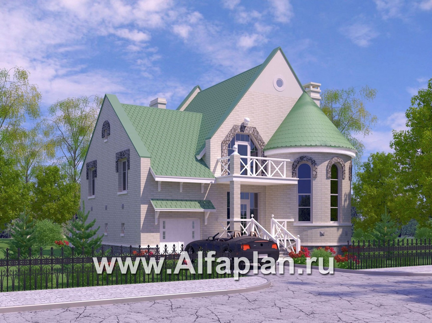 «Онегин» - проект загородного дома, со вторым светом гостиной, с мансардой, в стиле замка - дизайн дома №1