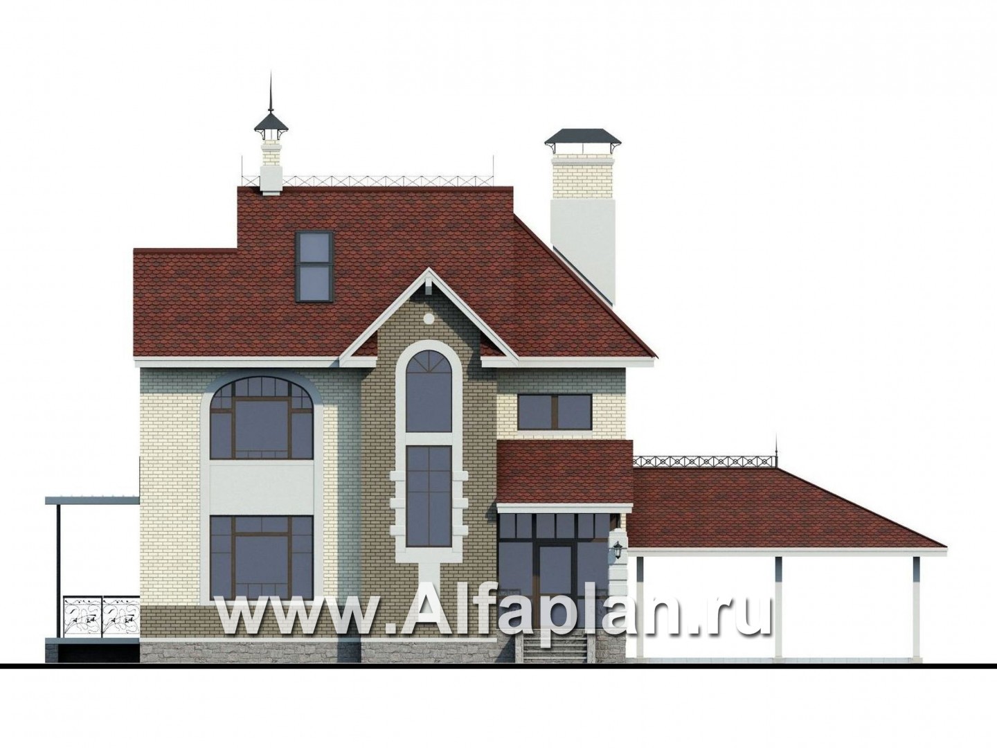 Проекты домов Альфаплан - «Дипломат Плюс» - дом с бильярдной и гаражом-навесом - изображение фасада №1